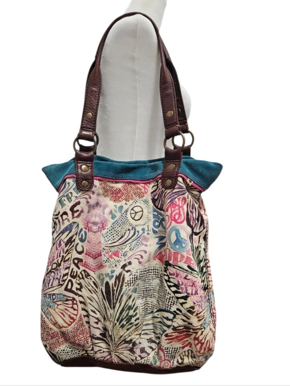 Lucky Brand Teal Trim W Marks Multicolor Boho Hippie Hobo Bag